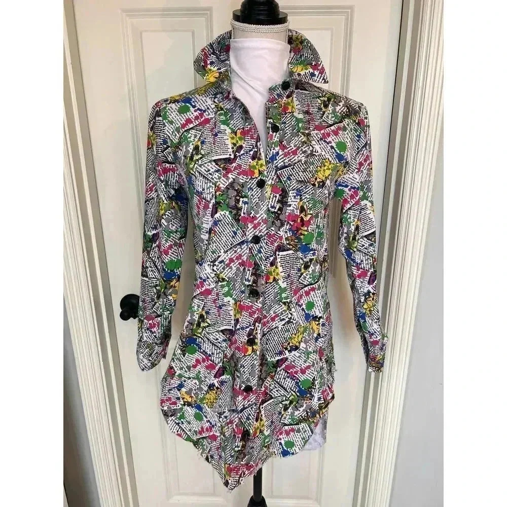 Thrill graffiti colorful raw hem button down long sleeve shirt dress small‎  NWT